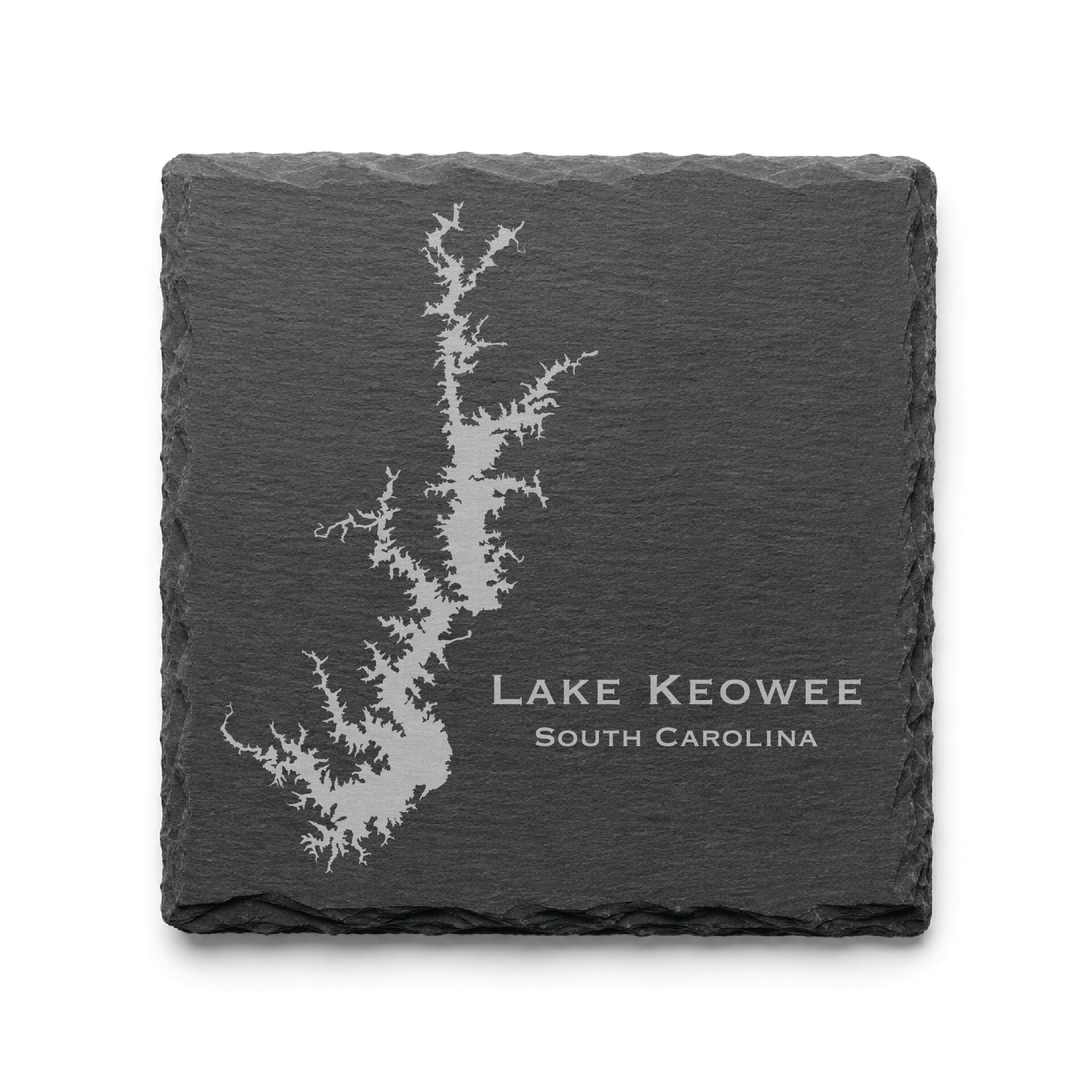 Engraved Lake Keowee slate coaster featuring a detailed lake map design with South Carolina text on a clean light background.