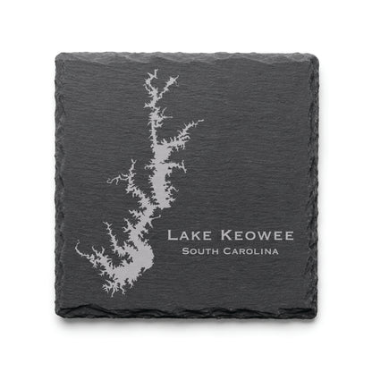 Engraved Lake Keowee slate coaster featuring a detailed lake map design with South Carolina text on a clean light background.