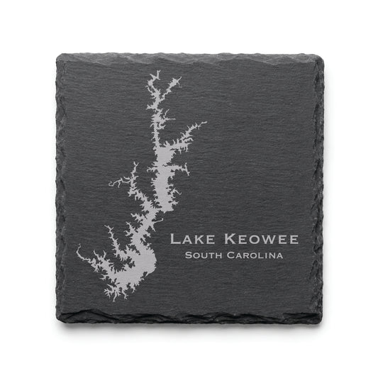 Engraved Lake Keowee slate coaster featuring a detailed lake map design with South Carolina text on a clean light background.