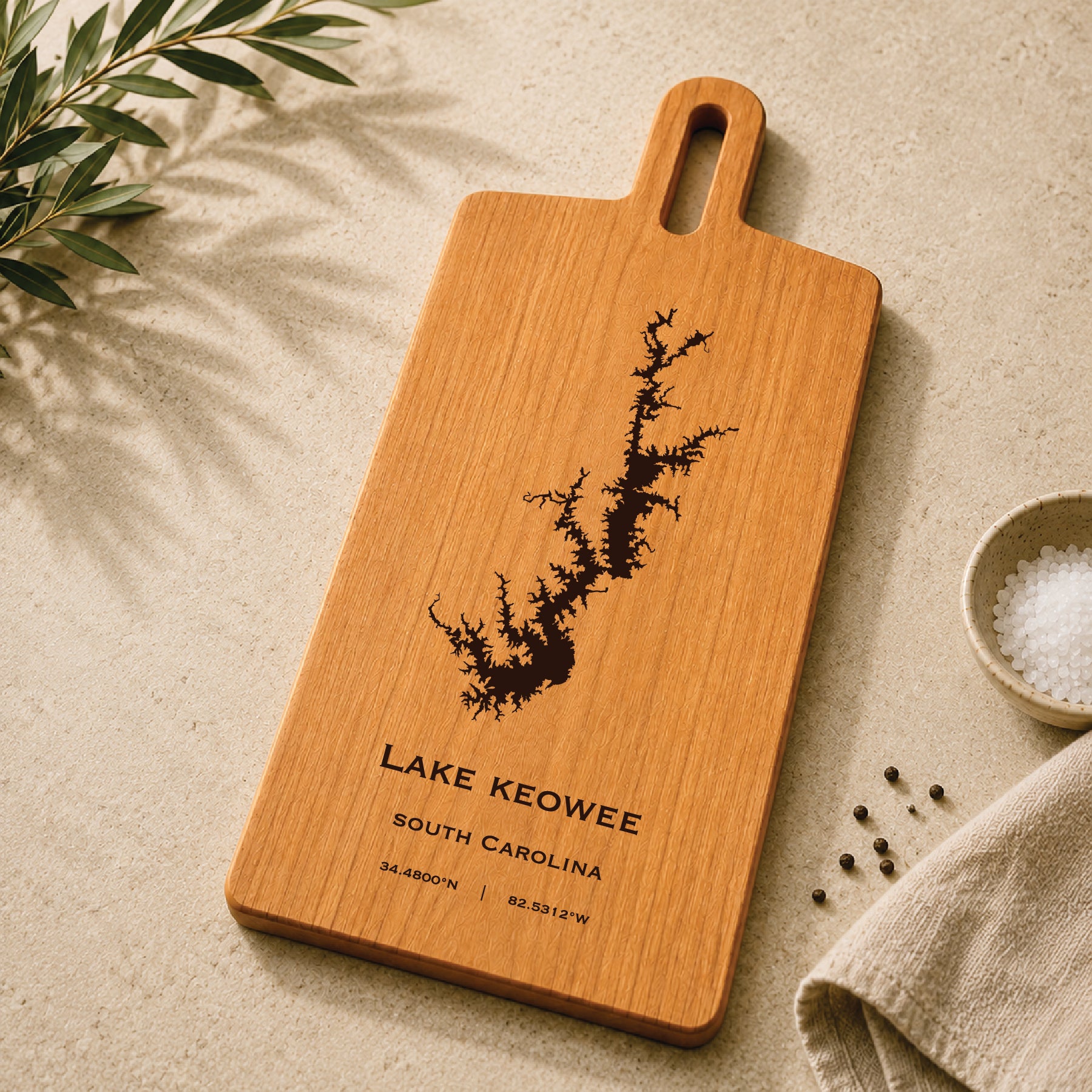 Lake Keowee cherry serving board with engraved South Carolina lake map styled with kitchen accents
