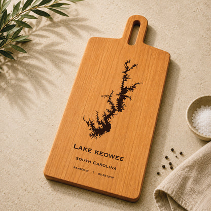 Lake Keowee cherry serving board with engraved South Carolina lake map styled with kitchen accents