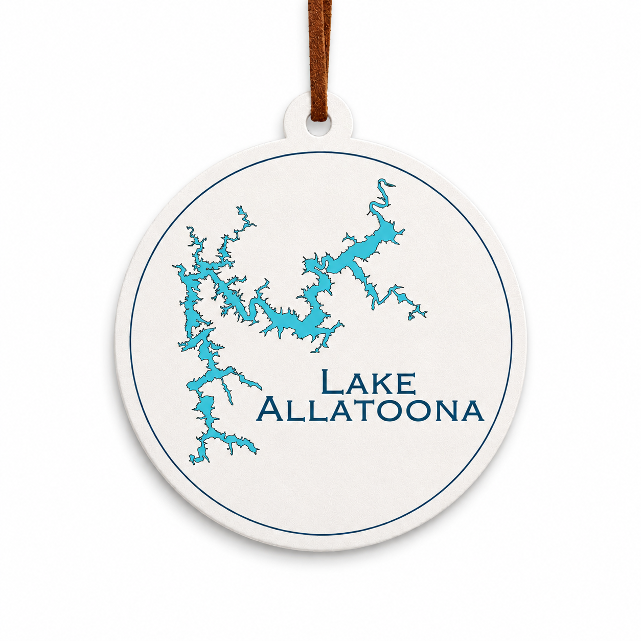 White Lake Allatoona ornament with blue lake map design and brown hanging cord on a clean light background.