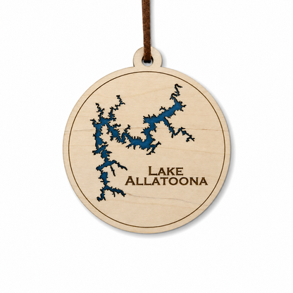 Layered wood Lake Allatoona ornament with blue lake detail and brown hanging cord on a clean light background.