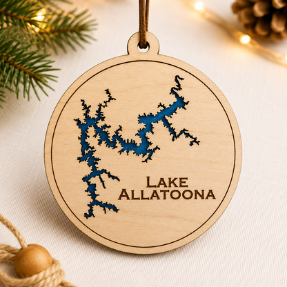 Close-up angled view of layered wood Lake Allatoona ornament showing dimensional lake design and engraved lettering.