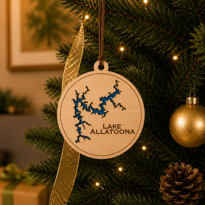 Layered wood Lake Allatoona ornament hanging on a decorated Christmas tree with warm lights and gold ribbon.