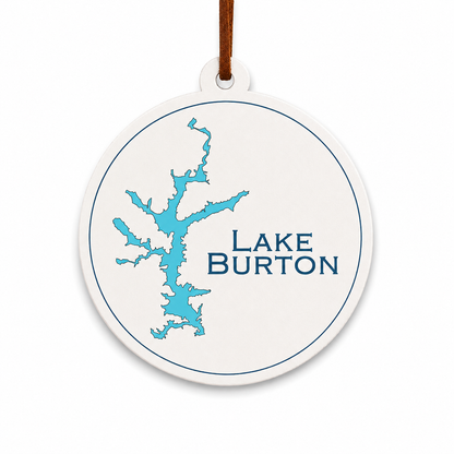 White Lake Burton ornament with blue lake map design and brown hanging cord on a clean light background.