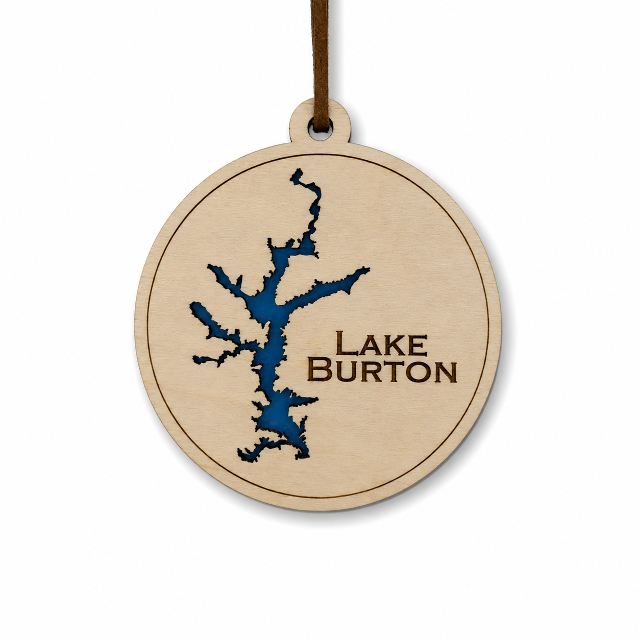Layered wood Lake Burton ornament with blue lake detail and brown hanging cord on a clean light background.