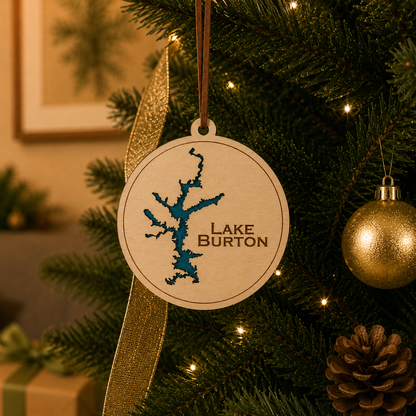Layered wood Lake Burton ornament hanging on a decorated Christmas tree with warm lights and gold ribbon.