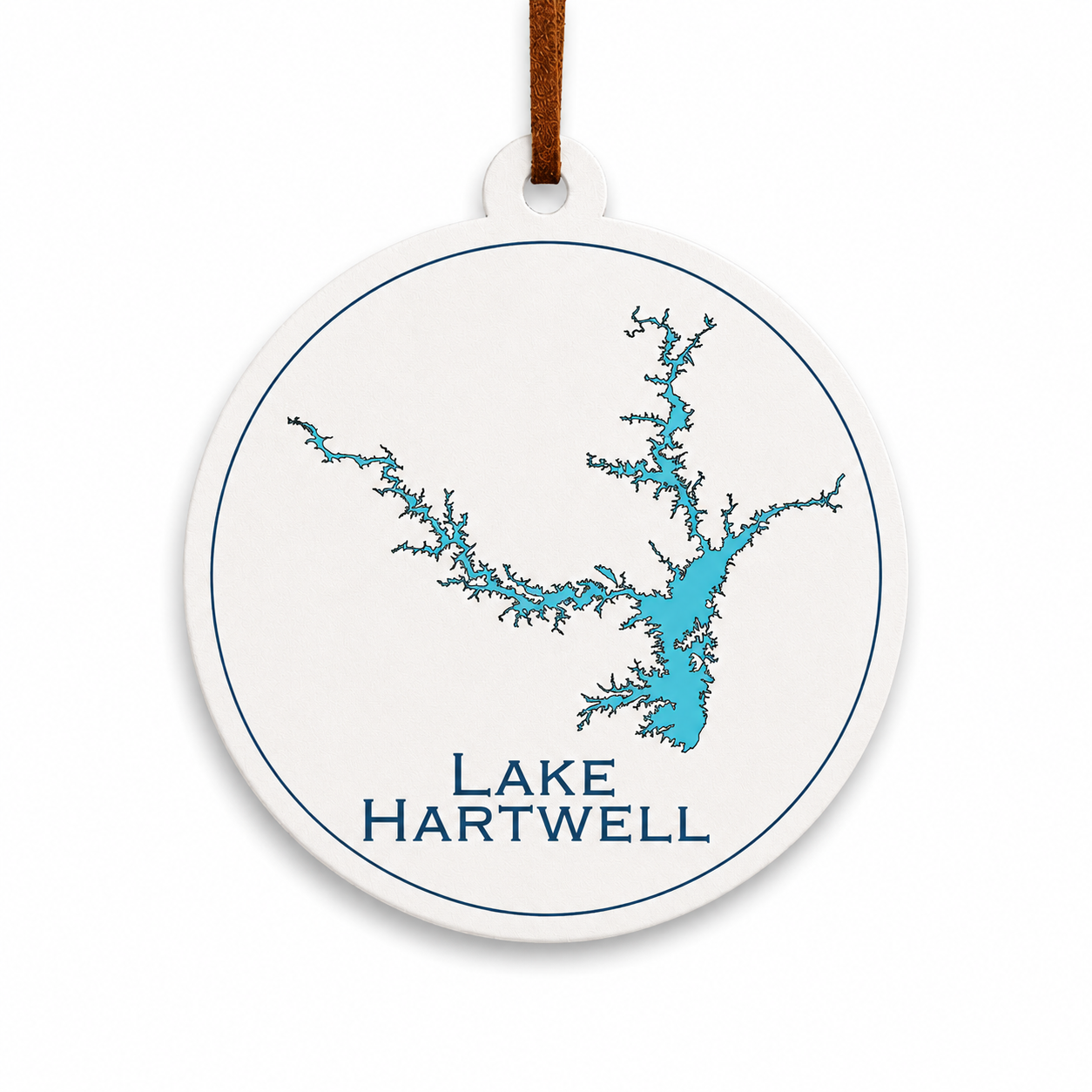 White Lake Hartwell ornament with blue lake map design and brown hanging cord on a clean light background.