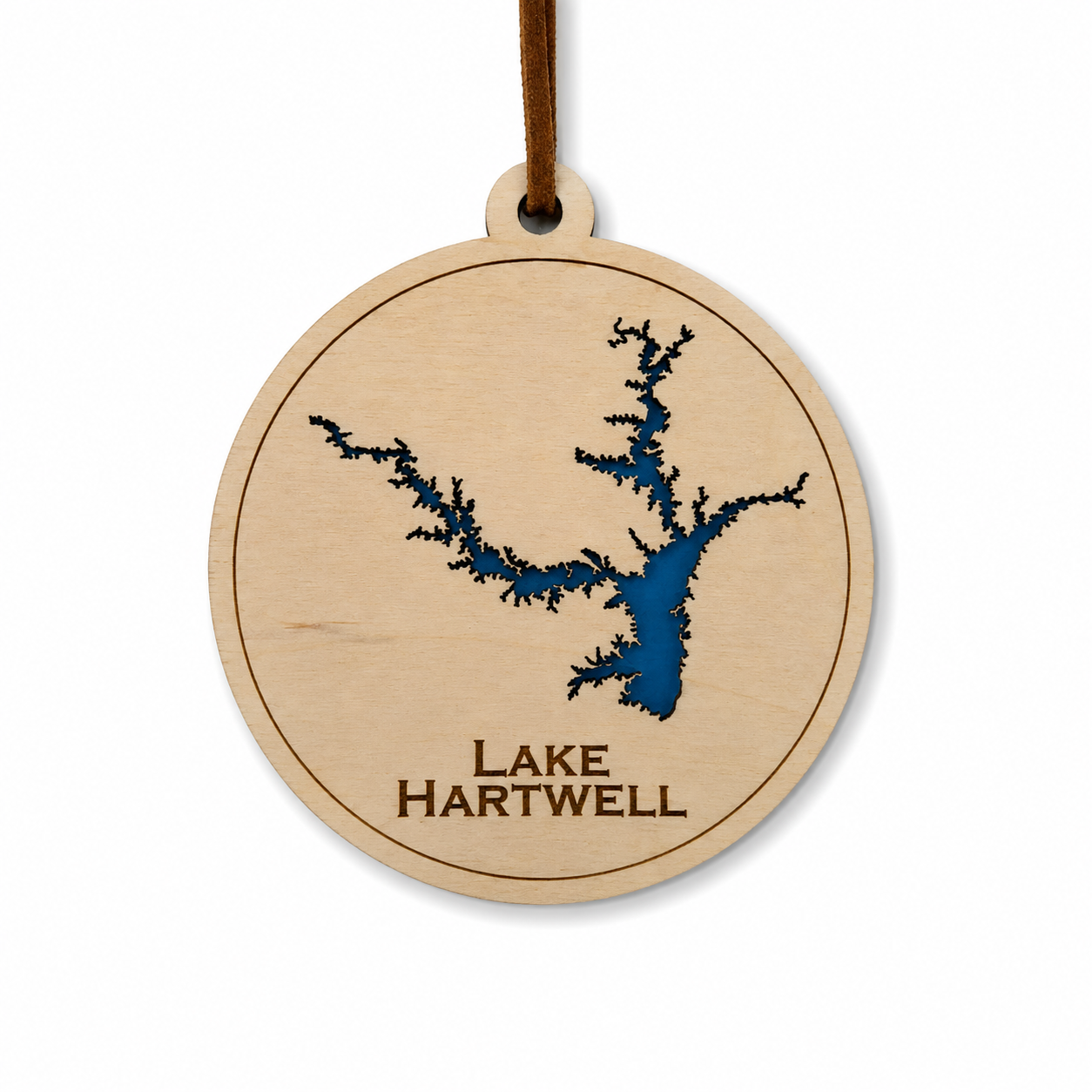 Layered wood Lake Hartwell ornament with blue lake detail and brown hanging cord on a clean light background.