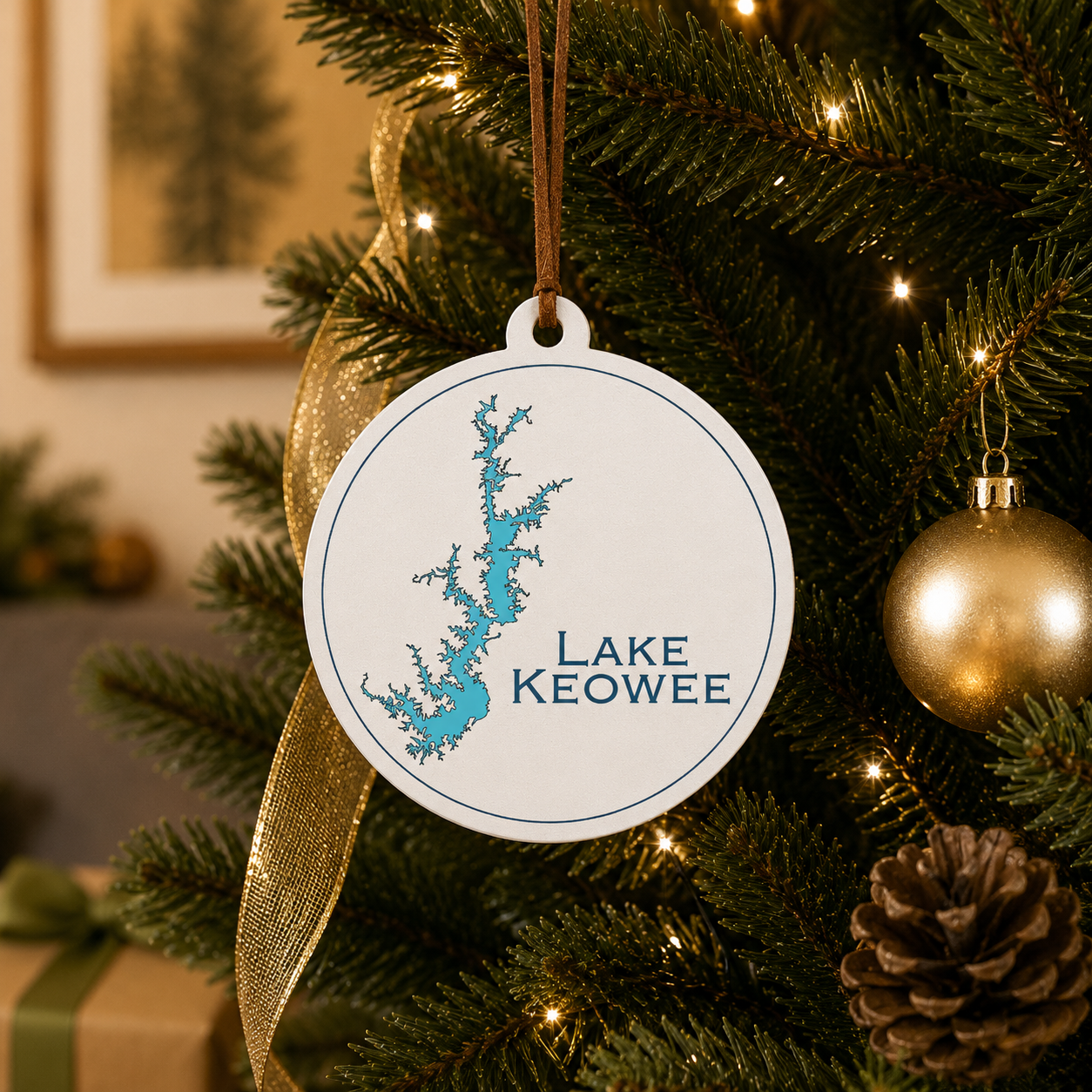 White Lake Keowee ornament hanging on a decorated Christmas tree with warm lights and gold ribbon.