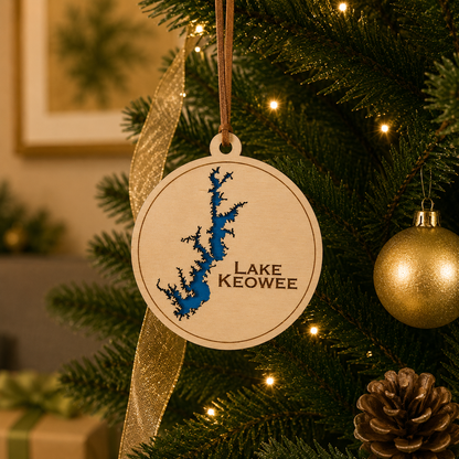 Layered wood Lake Keowee ornament hanging on a decorated Christmas tree with warm lights and gold ribbon.