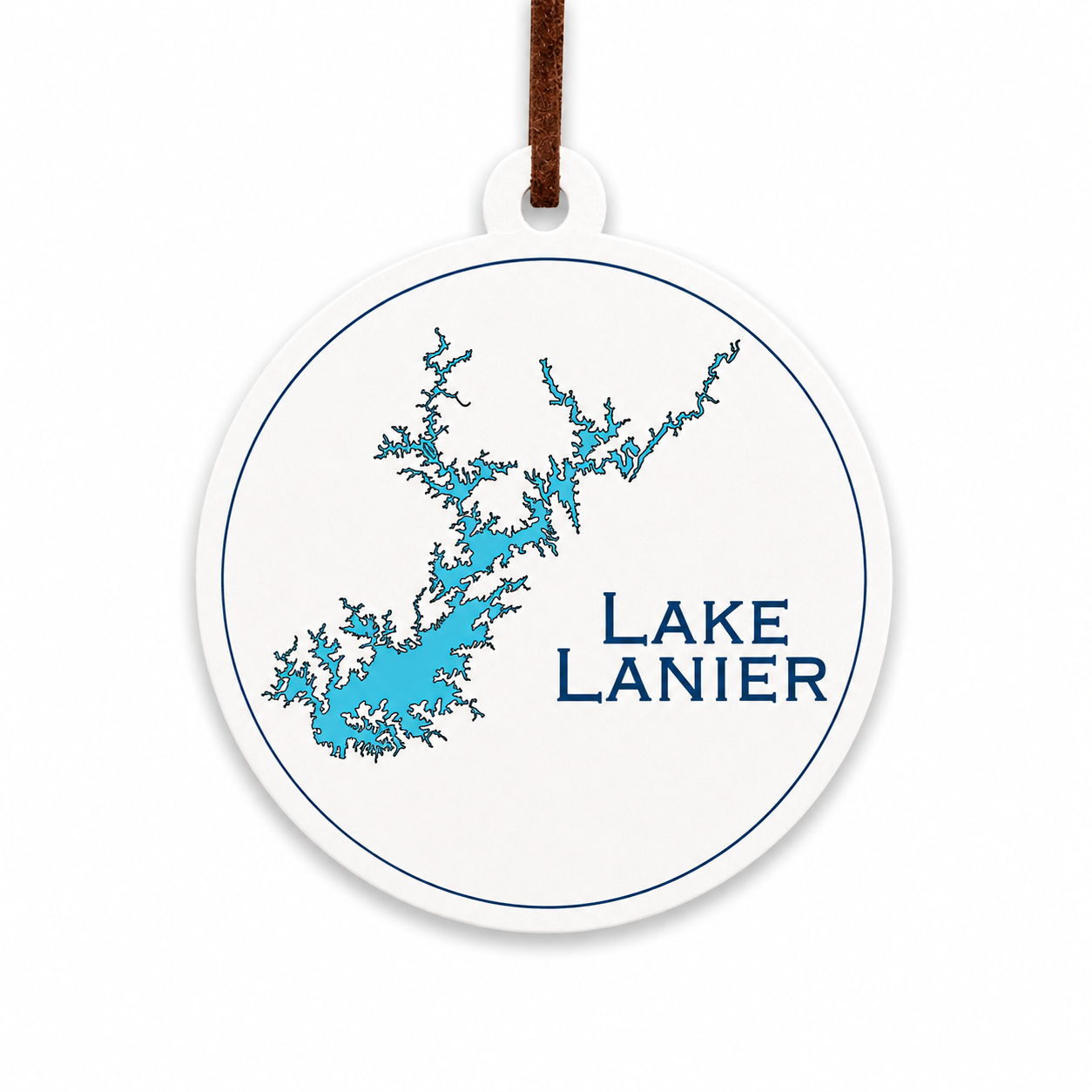 White Lake Lanier ornament with blue lake map design and brown hanging cord on a clean light background.