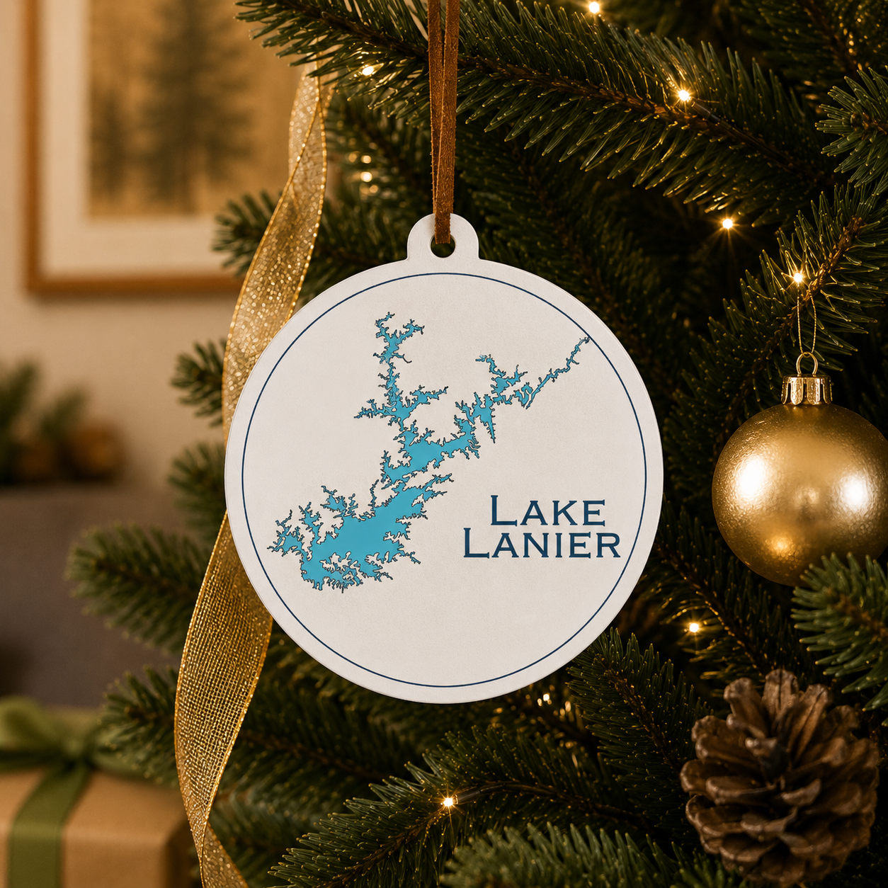 White Lake Lanier ornament hanging on a decorated Christmas tree with warm lights and gold ribbon.