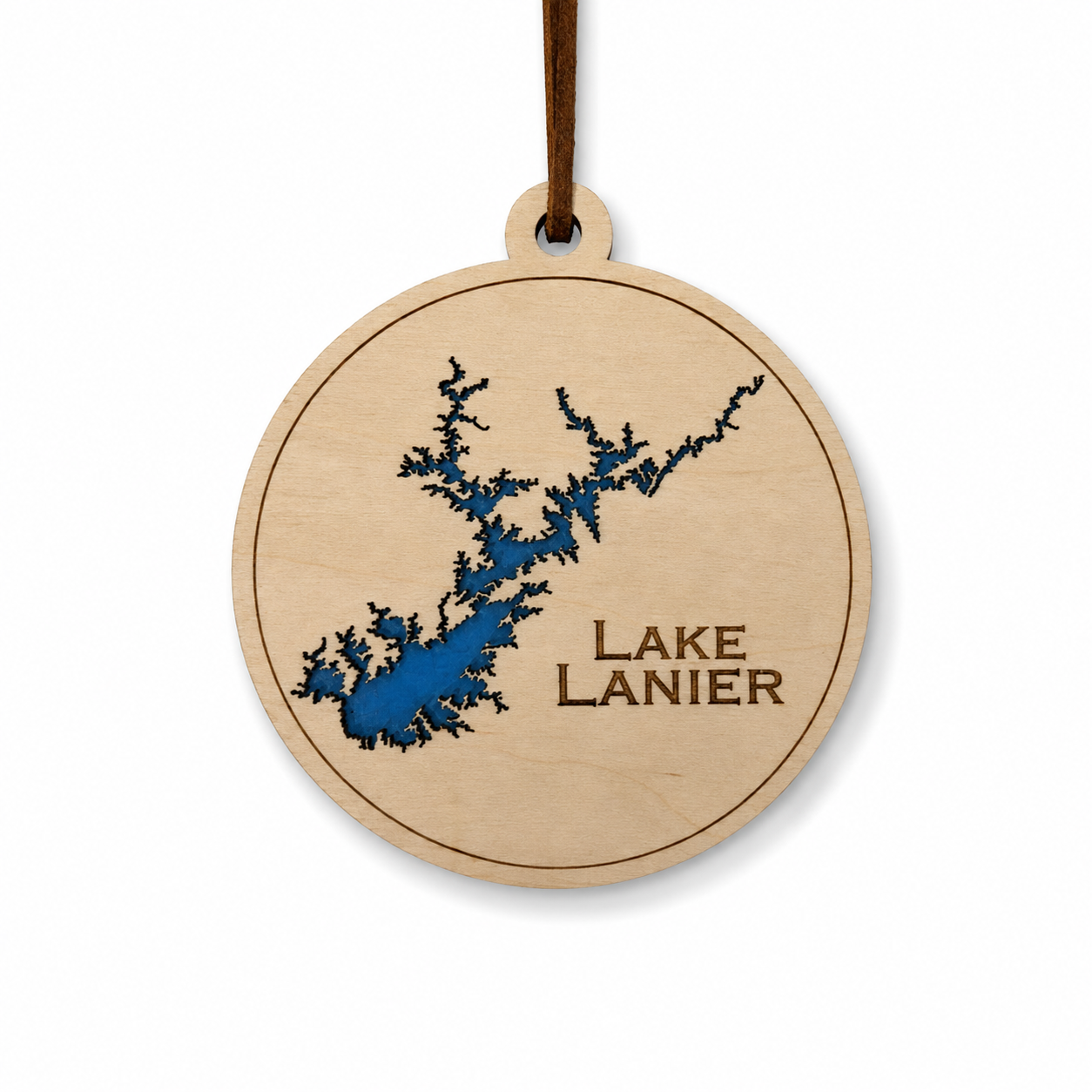 Layered wood Lake Lanier ornament with blue lake detail and brown hanging cord on a clean light background.