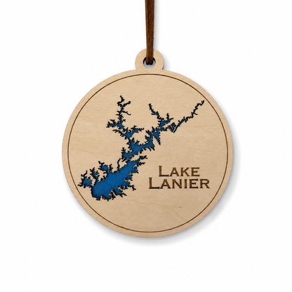 Layered wood Lake Lanier ornament with blue lake detail and brown hanging cord on a clean light background.