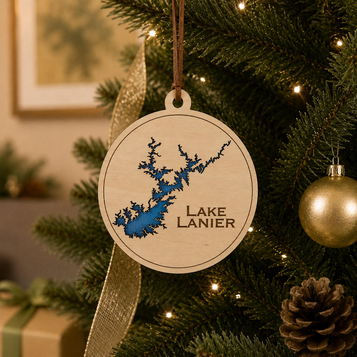 Layered wood Lake Lanier ornament hanging on a decorated Christmas tree with warm lights and gold ribbon.