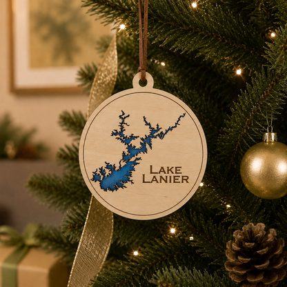 Layered wood Lake Lanier ornament hanging on a decorated Christmas tree with warm lights and gold ribbon.