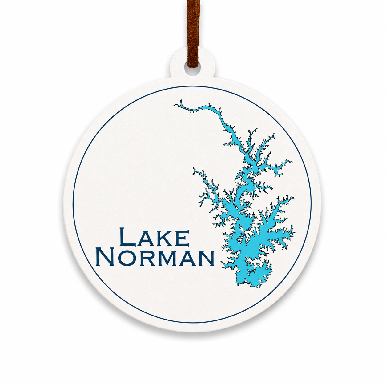 White Lake Norman ornament with blue lake map design and brown hanging cord on a clean light background.