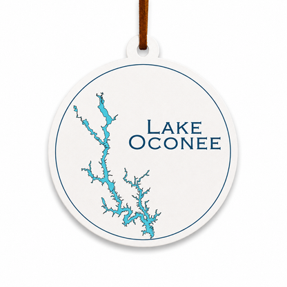 White Lake Oconee ornament with blue lake map design and brown hanging cord on a clean light background.