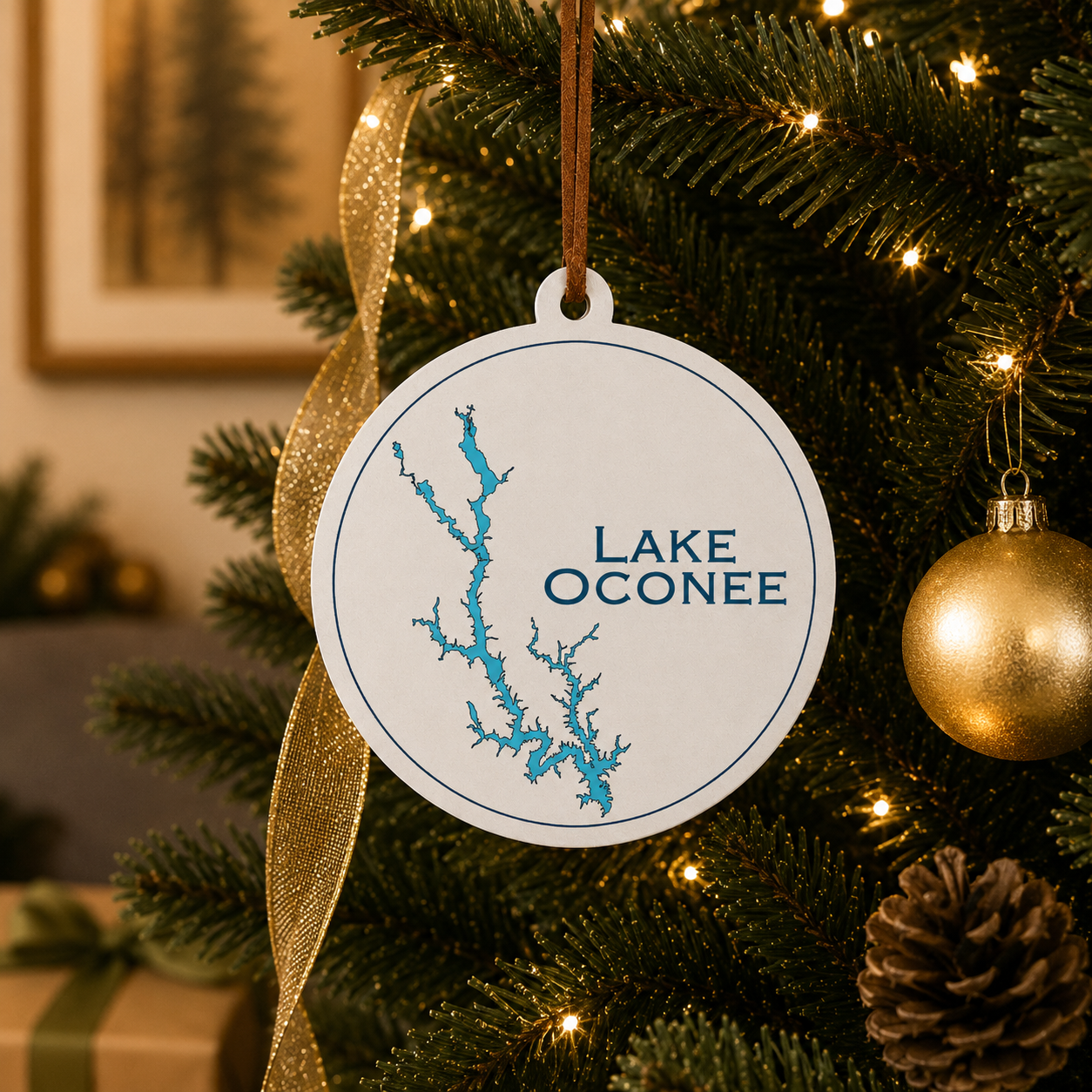 White Lake Oconee ornament hanging on a decorated Christmas tree with warm lights and gold ribbon.