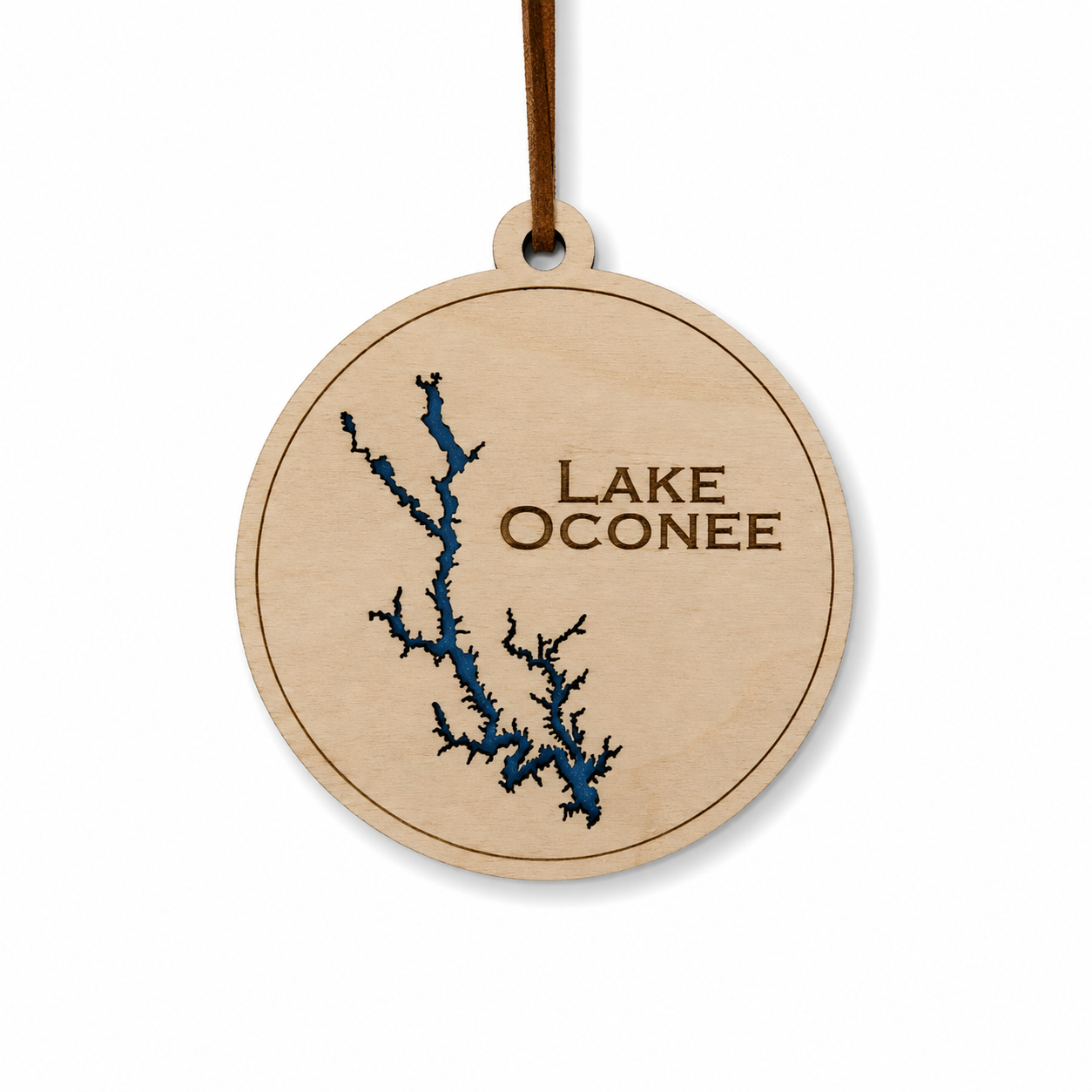 Layered wood Lake Oconee ornament with blue lake detail and brown hanging cord on a clean light background.
