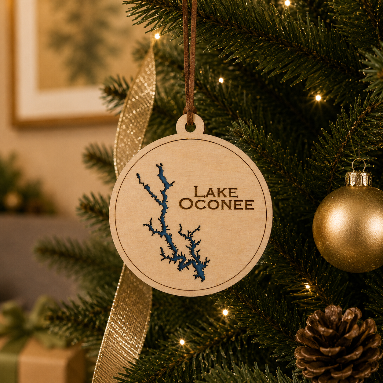 Layered wood Lake Oconee ornament hanging on a decorated Christmas tree with warm lights and gold ribbon.