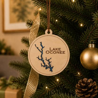 Layered wood Lake Oconee ornament hanging on a decorated Christmas tree with warm lights and gold ribbon.