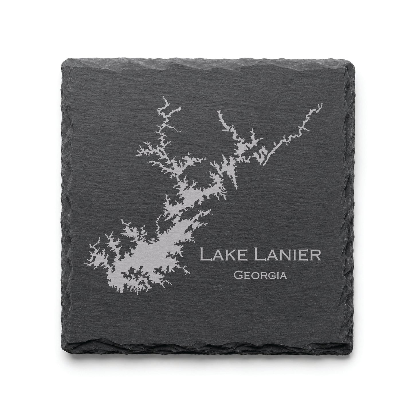 Engraved Lake Lanier slate coaster featuring a detailed lake map design with Georgia text on a clean light background.
