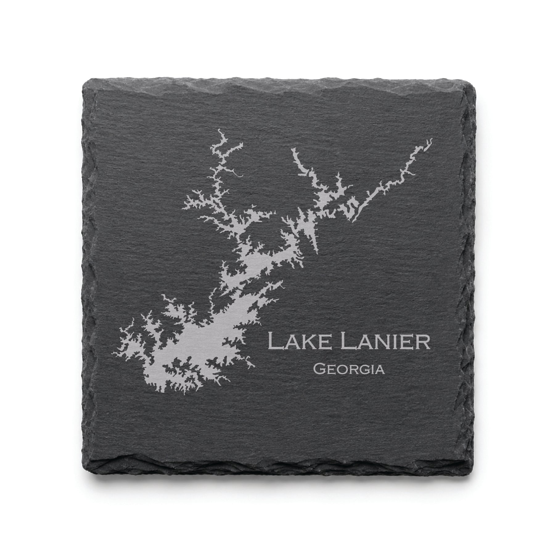 Engraved Lake Lanier slate coaster featuring a detailed lake map design with Georgia text on a clean light background.