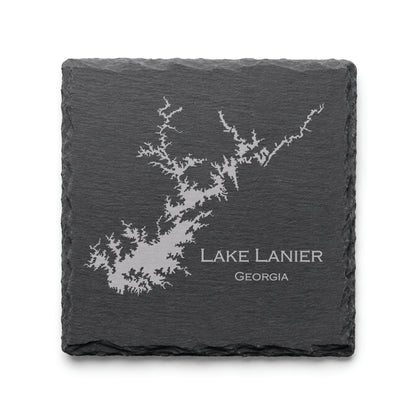 Engraved Lake Lanier slate coaster featuring a detailed lake map design with Georgia text on a clean light background.