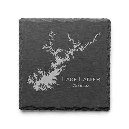 Engraved Lake Lanier slate coaster featuring a detailed lake map design with Georgia text on a clean light background.