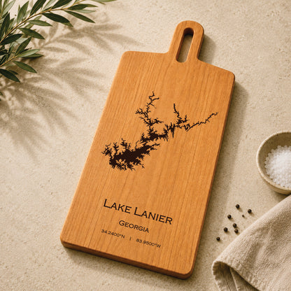 Lake Lanier cherry serving board with engraved Georgia lake map styled with kitchen accents