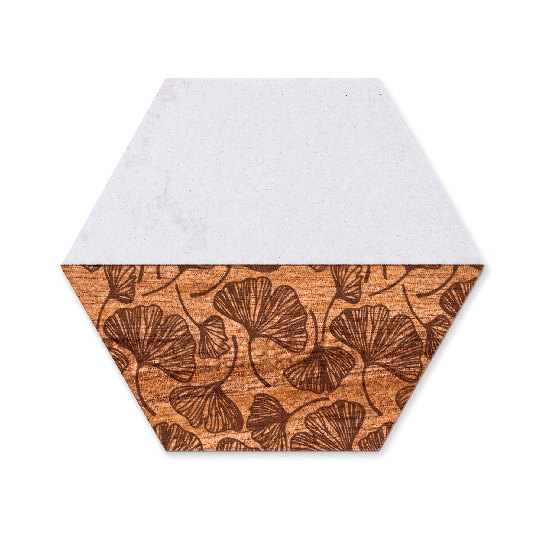 Hexagon marble and acacia wood coaster with engraved botanical leaf design on a white background.