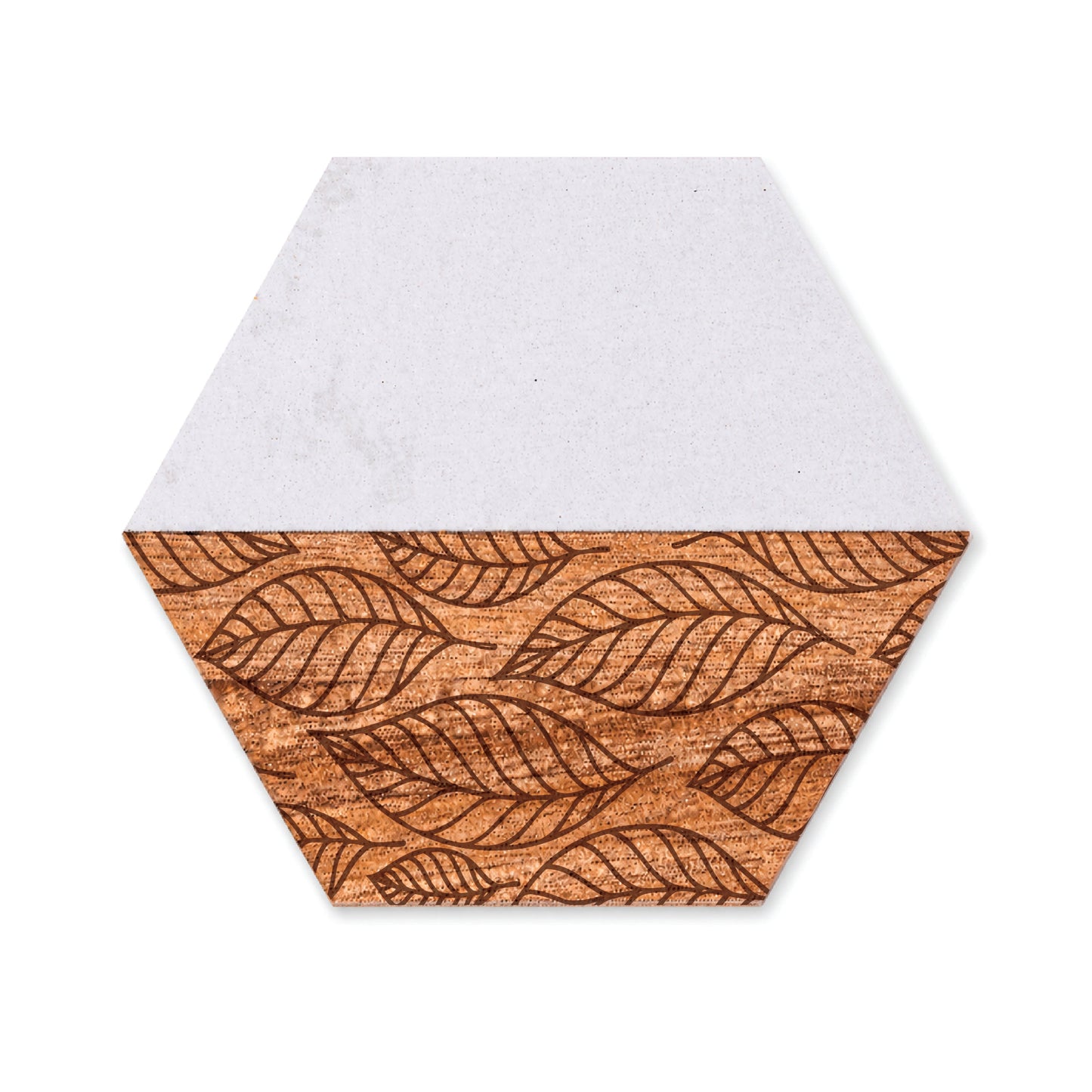Hexagon faux marble and acacia wood coaster featuring an engraved falling leaves pattern on a white background.