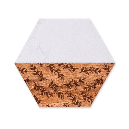 Floral Vine Pattern Faux Marble and Acacia Wood Hexagon Coaster with engraved botanical vine design and white faux marble accent.