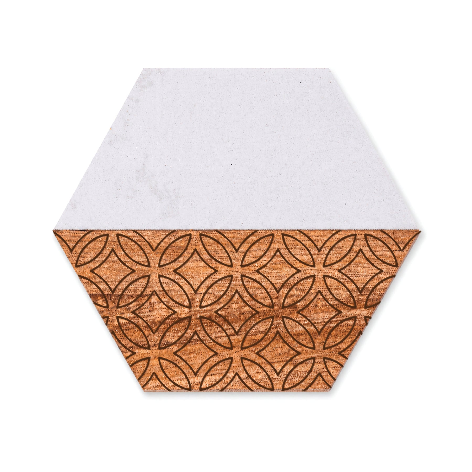 Single hexagon marble and acacia wood coaster shown on a white background, featuring a geometric engraved pattern on the wood half and a smooth white marble half.