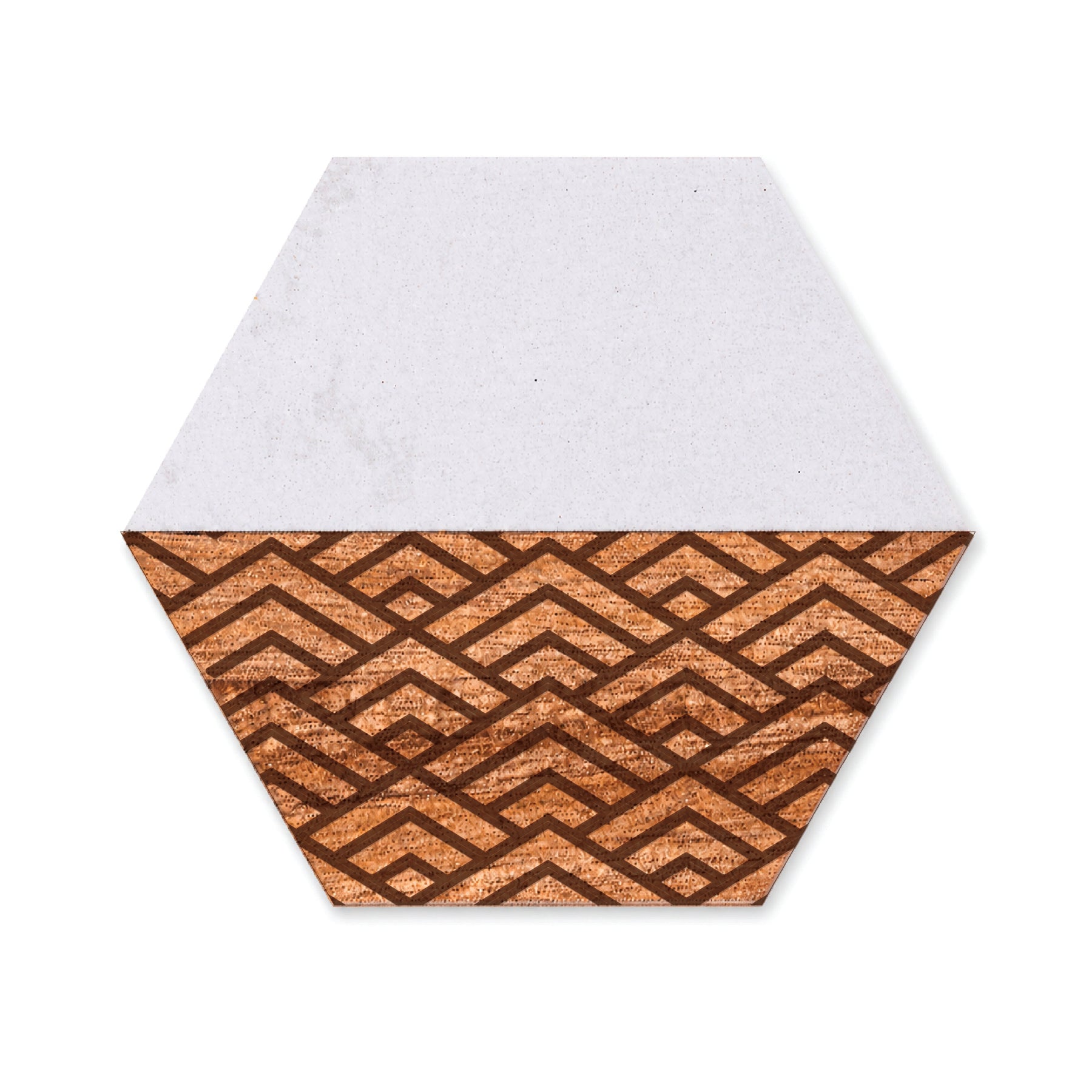 Hexagon faux marble and acacia wood coaster featuring a geometric peaks pattern engraved into the wood section on a white background.