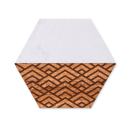 Hexagon faux marble and acacia wood coaster featuring a geometric peaks pattern engraved into the wood section on a white background.