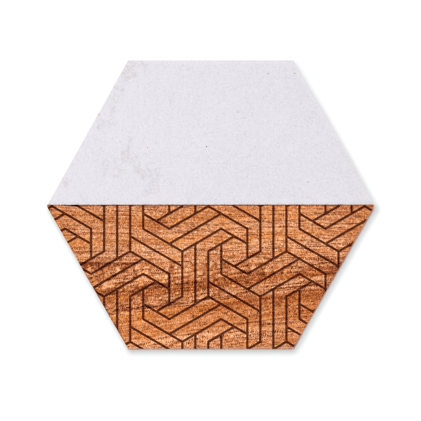 Hexagon faux marble and acacia wood coaster featuring a modern geometric pattern engraved into the wood section on a white background.