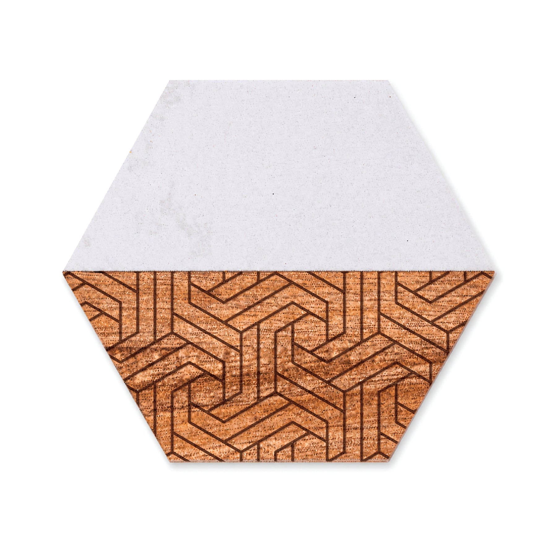 Hexagon faux marble and acacia wood coaster featuring a modern geometric pattern engraved into the wood section on a white background.