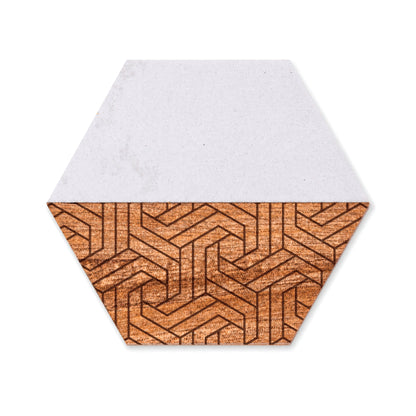 Hexagon faux marble and acacia wood coaster featuring a modern geometric pattern engraved into the wood section on a white background.