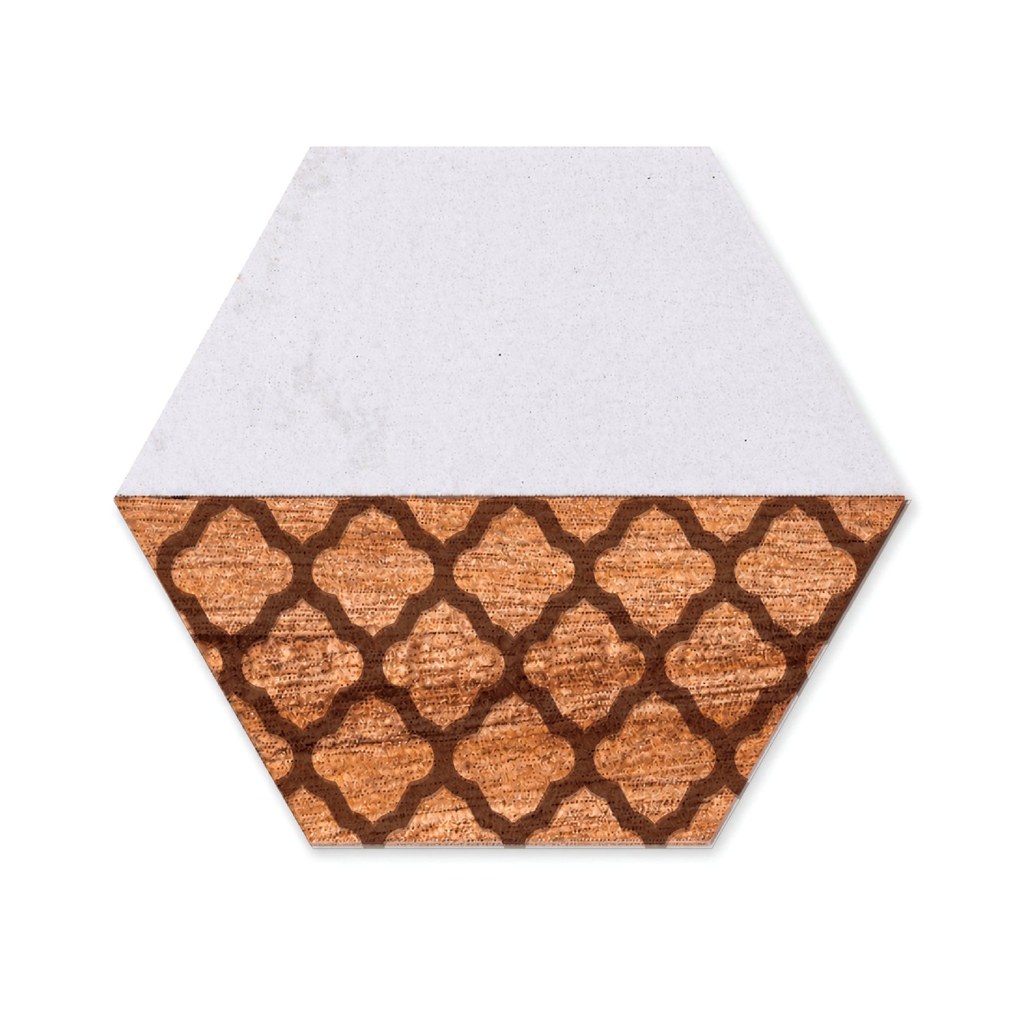 Hexagon faux marble and acacia wood coaster featuring an engraved quatrefoil pattern on the wood section, shown on a white background.