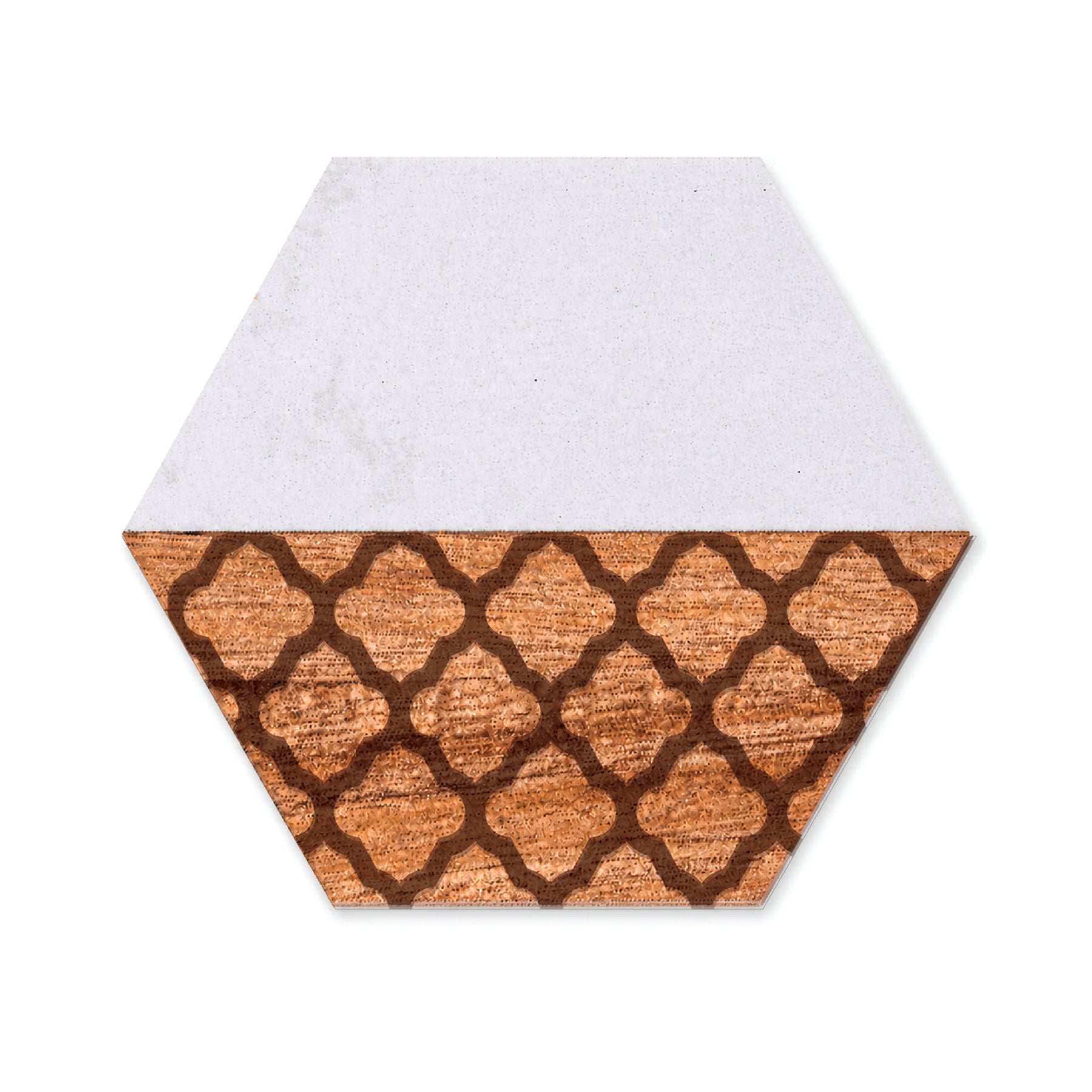 Hexagon faux marble and acacia wood coaster featuring an engraved quatrefoil pattern on the wood section, shown on a white background.