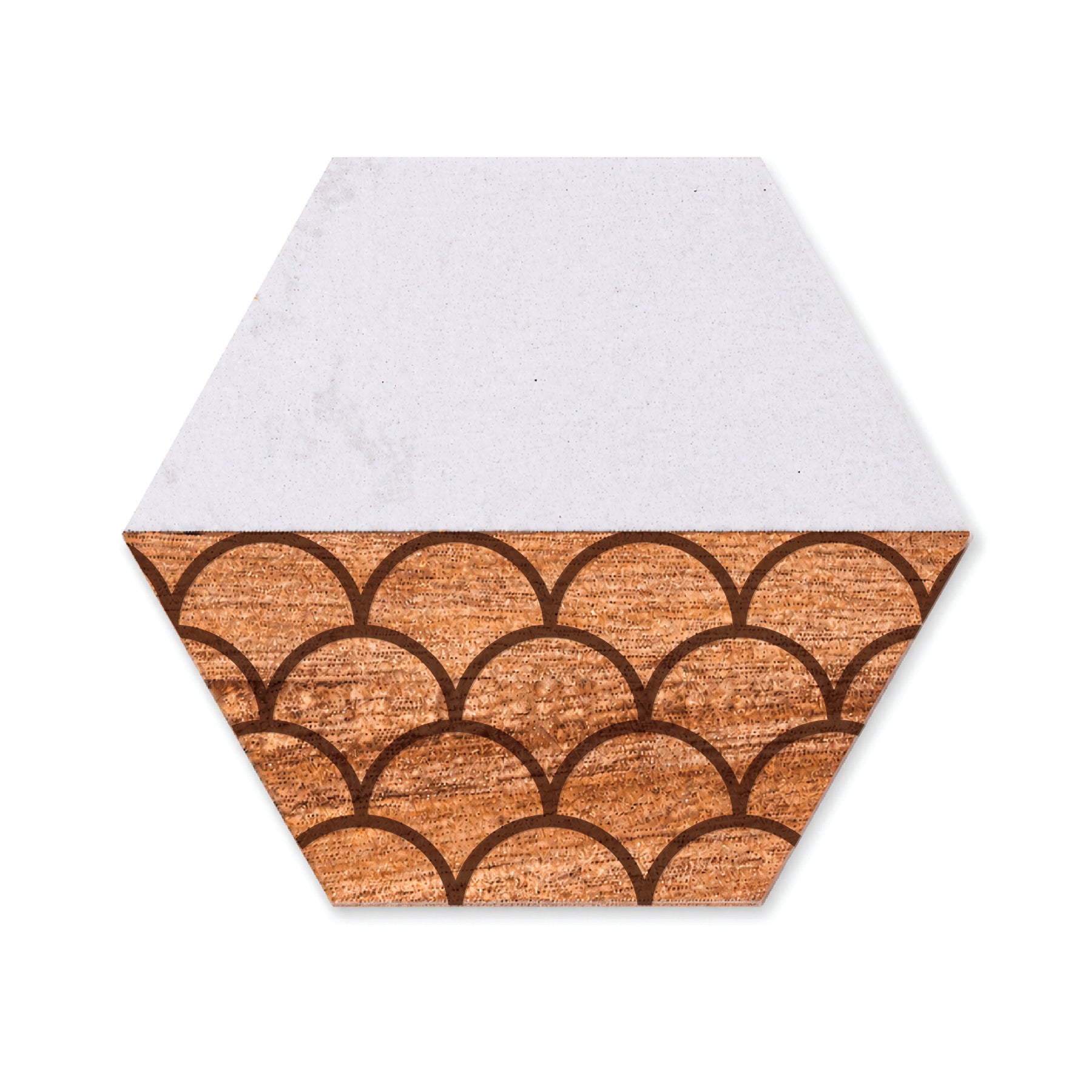 Scallop Pattern Faux Marble and Acacia Wood Hexagon Coaster with geometric fan-inspired design and white faux marble accent.