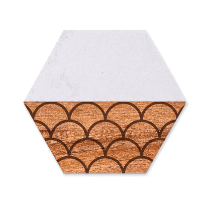 Scallop Pattern Faux Marble and Acacia Wood Hexagon Coaster with geometric fan-inspired design and white faux marble accent.