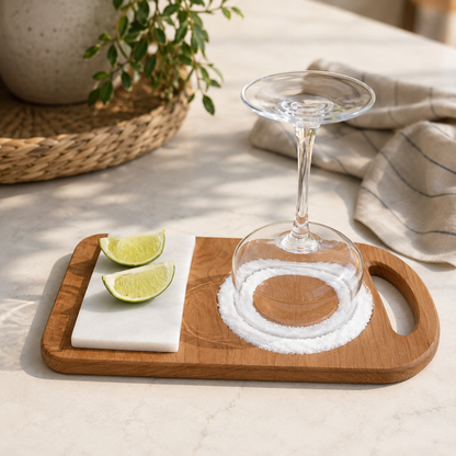 Lifestyle photo of cherry wood margarita rimmer styled with citrus, and kitchen accents.