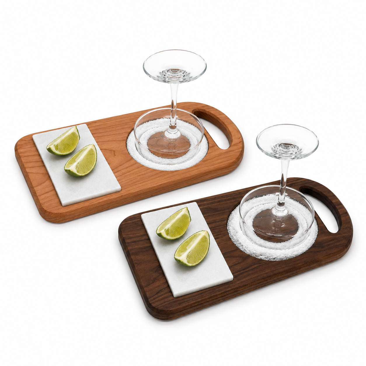 Side-by-side variant photo showing cherry and walnut wood margarita rimmers with removable marble lime cutting tiles, salt rimmer wells, lime wedges, and margarita glasses on a clean white background.