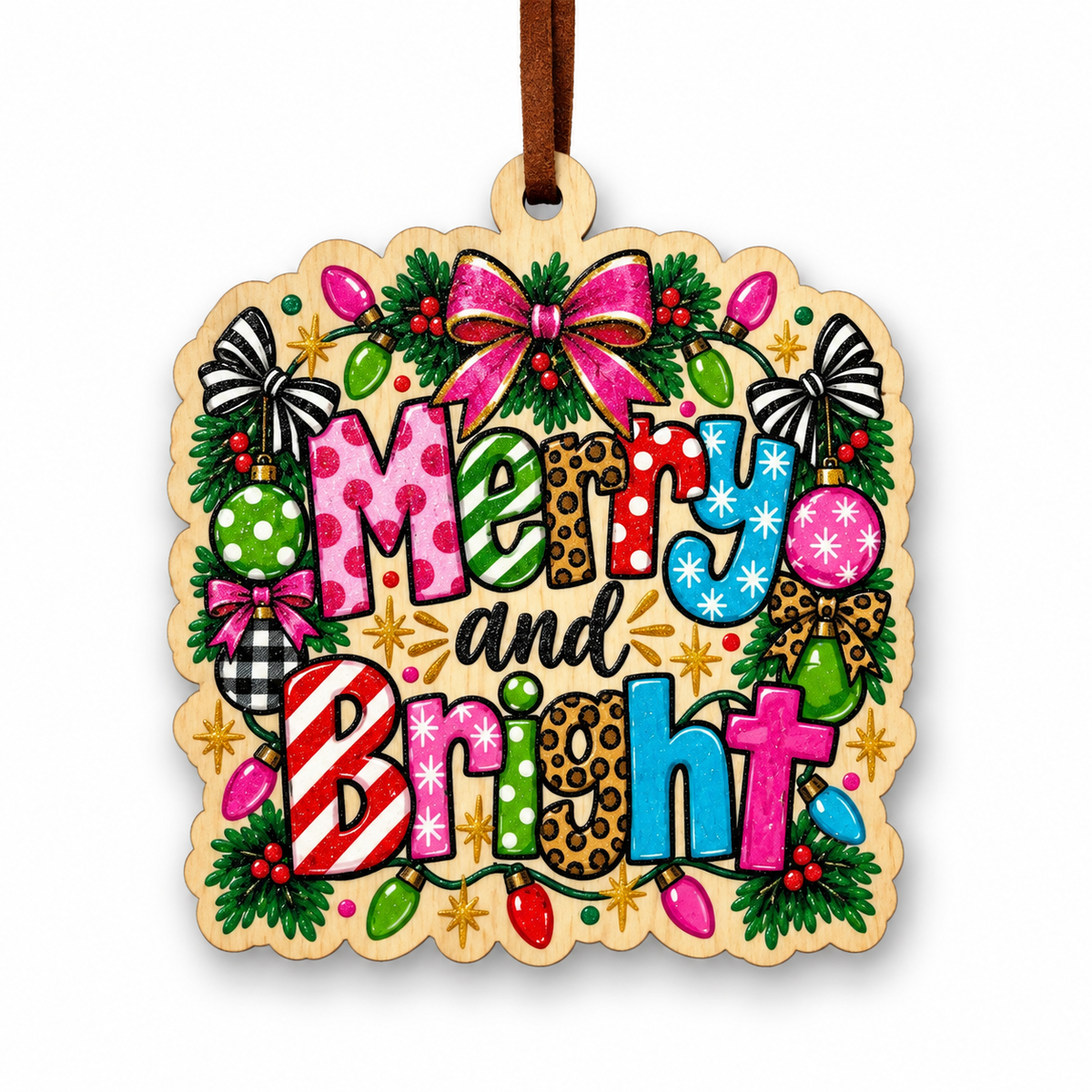 A scalloped wooden Christmas ornament featuring the words 'Merry and Bright' in colorful patterned letters, surrounded by festive illustrations including pine branches, ornaments, bows, and stars. The ornament has a natural wood border and hangs from a brown ribbon loop, shown against a plain white background.
