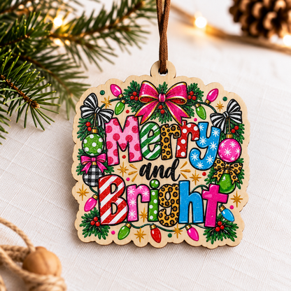 A square wooden Christmas ornament with a scalloped edge, featuring a colorful hand-drawn festive design with the words 'Merry and Bright' in multicolored letters, surrounded by bows, ornaments, holly, and light bulbs. The ornament hangs from a brown string against a softly lit holiday background with pine branches and warm lights.